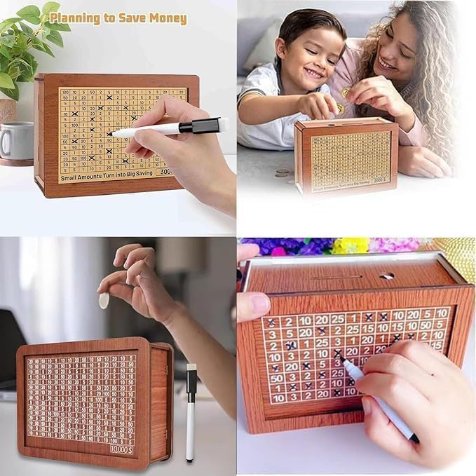 Wooden Coin Bank Money Saving Box, Cash Vault Wooden Savings Box, Wooden Digital Piggy Bank with Counting Target, Money Vault Savings for Boys and Girls (10000 Savings Challenge Box)