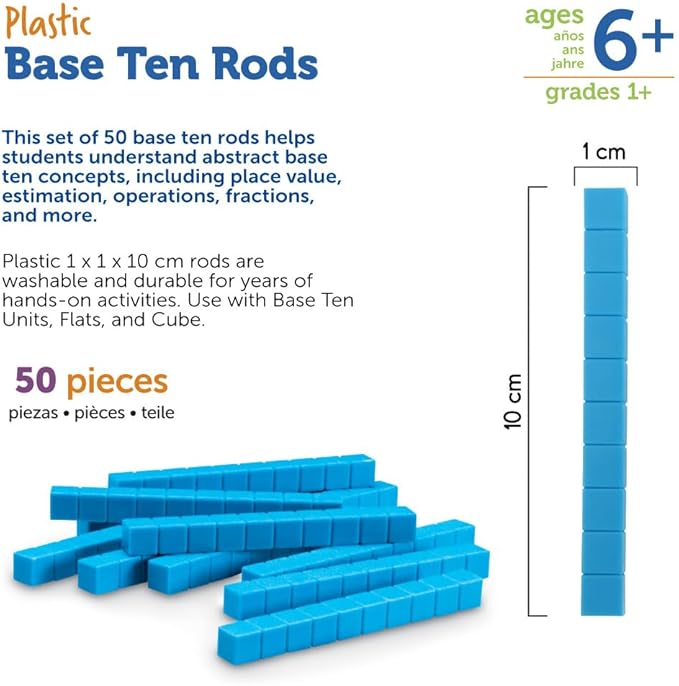 Learning Resources Plastic Base Ten Rods, Early Math, Counting Toys, Homeschool Supplies Set of 50, Ages 6+