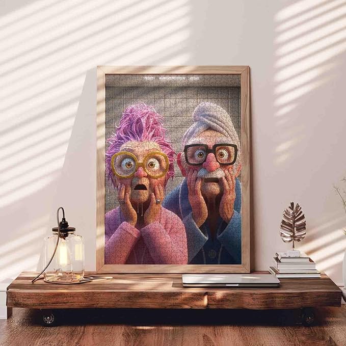 Funny Elderly Couple Bathroom Scene Jigsaw Puzzle for Adults 1000 Pieces Cartoon Style Whimsical Art Puzzle 20×27 Inches Colorful Bathrobe and Glasses Puzzles for Seniors Educational Game