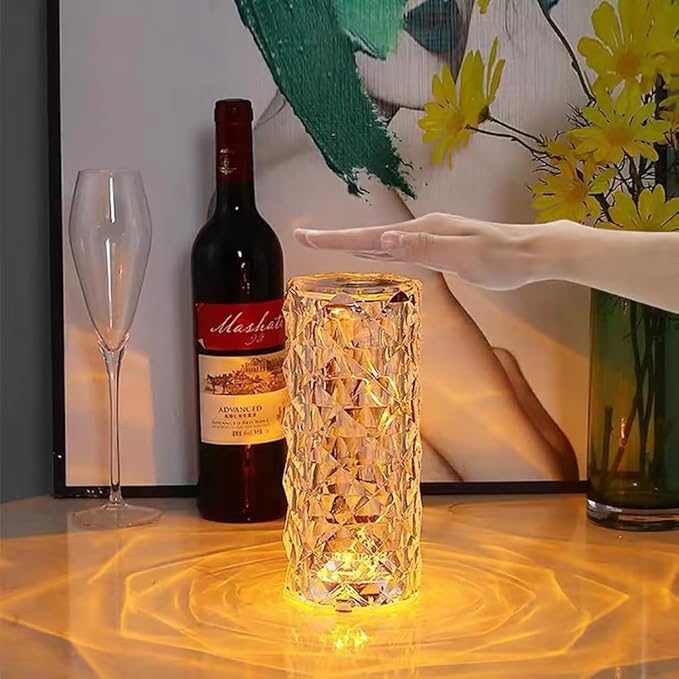 Portable Crystal Table Lamp, 3-Color Touch Control Rechargeable Night Light, Bedside & Desk Lamp for Bedroom, Living Room, Kitchen & Dining Room (3-Color Rose)