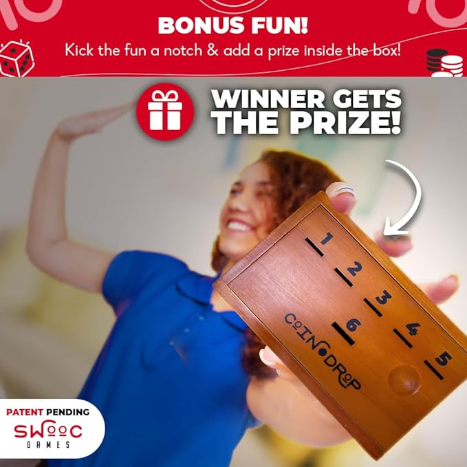 SWOOC Games - Coin Drop™ | Simple + Strategic Dice Games for Families with Coins Included for 2-6 Players | Works W/Pennies Too | Get Rid of Coins to Win | Board Games for Kids | Penny Game Wood Box