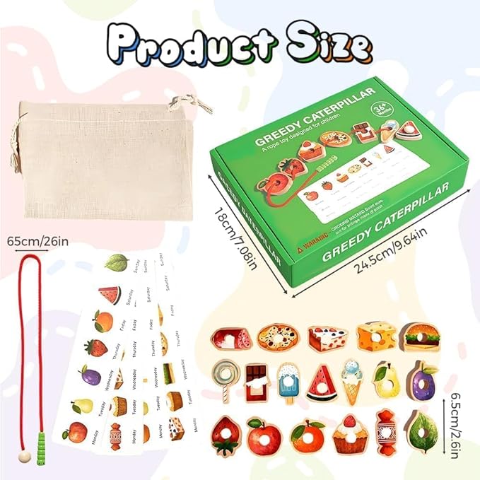 Threa Ding Toys, 2025 New Upgrade Wooden Greedy Cater Pillar Ropeoy, Lacing Beads Wooden2.5in Fruit & Vegetable Toys with Rope, Montessori Fine Motor Skills Farm, Bag for 3+ Year Old