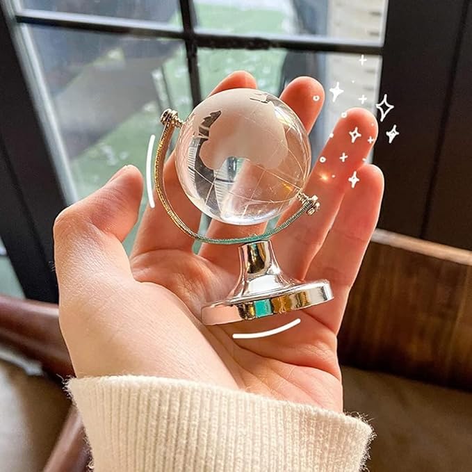 Mini World Globe Crystal Glass balls,Clear Paperweight decorative,small Earth globe for desk decorations,Office Home table Decor,tiny Ornaments Gifts, Miniature Ball Sphere paper weights,Golden 5cm.