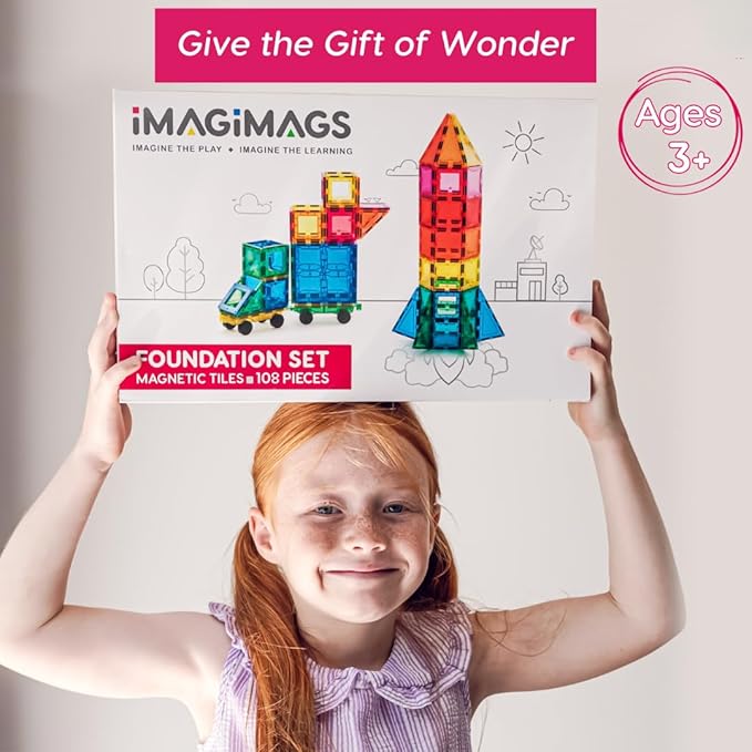 Magnetic Building Tiles, 108 Piece Foundation Set for Boys Girls Kids, Educational Creative Learning Activity Building Block Toddler Toys, STEM, Children Ages 3 Years +