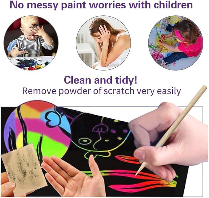 OMTOFUEN 36+9 Scratch Art Paper Kit with Pre-Outlined Template Customizable Paper 4 Follow Boards 8 Scratch Pens 12 Crayons 4 Velvet Clothes for up to 8 Kids Party Gift Birthday Christmas Halloween