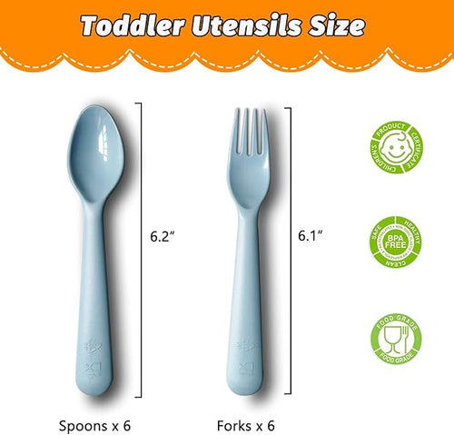 12 Pcs Plastic Toddler Utensils Set 6 Kids Forks and 6 Kids Spoons BPA Free/Dishwasher Safe Toddler Silverware Brightly Colored Kid Plastic Cutlery Set-Blue