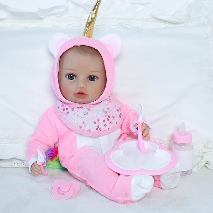 SCOM Soft Baby Doll Girl - 16 Inch Realistic Reborn Baby, Lifelike Real Cute Doll with Accessories, Toddler Girl with Vinyl Body & Unicorn Clothes for Kids 3 4 5 6 + Year Old Gifts