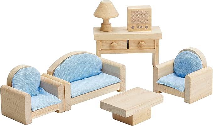 PlanToys Wooden Classic Line of Dollhouse Furniture- Living Room Set (9015) | Sustainably Made from Rubberwood and Non-Toxic Paints and Dyes | PlanNatural Classic Wooden Toy Collection