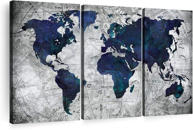 ElephantStock Deep Blue World Map Multi Piece Canvas - 3 Panel Wall Decor - Map of the World Art - Canvas for the Office and Home - 74" X 48"