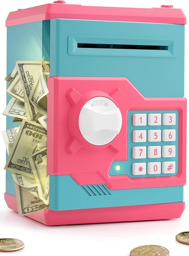 Piggy Bank for Girls Boys Large Electronic Money Coin Banks with Password Protection, Automatic Paper Money Scroll Saving Box, Great Gift for Kids(Pink-Blue)