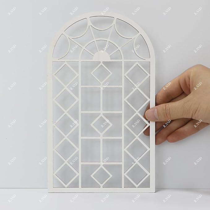 iLAND 1/12 Scale Accessories of Dollhouse Window, Wooden DIY Dollhouse Building Supplies, Complete Miniature Window Kit w/Wooden Frame & Grid Pattern PVC Film