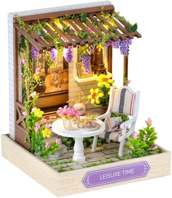TuKIIE DIY Miniature Dollhouse Kit with Furniture, 1:24 Scale Creative Room Mini Wooden Doll House Plus Dust Proof for Kids Teens Adults(Leisure Time)