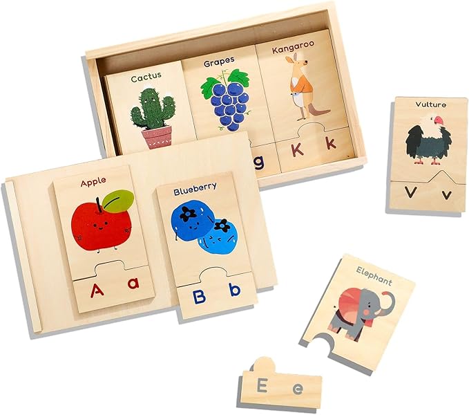 Alphabet Wooden Puzzles with Storage Box - 26 Pairs Self-Correcting ABC Puzzle - Uppercase & Lowercase Alphabet Learning Toys Matching Game - Preschool Educational Toys - Educational Gift 3+
