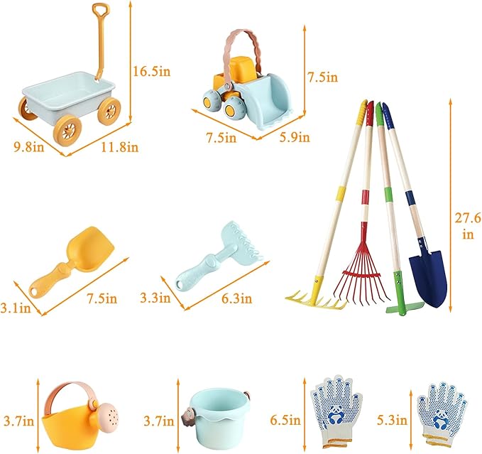 Mostop Kids Gardening Tools Set, Gardening Set for Kids, Outdoor Backyard Farm Digging Toys with Wheelbarrow, Metal Shovel, Rake, Leaf Rake, Outside Garden Wagon Toys Birthday Gifts for Boys Girls 4-8