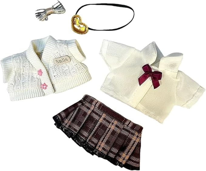 17cm/6.7in Clothes Set for Dolls - Cute Hat & Overalls Outfit, Soft Premium Fabric Dress Up Accessories Suit, Easy On/Off, NO Doll Included (Plaid Skirt)