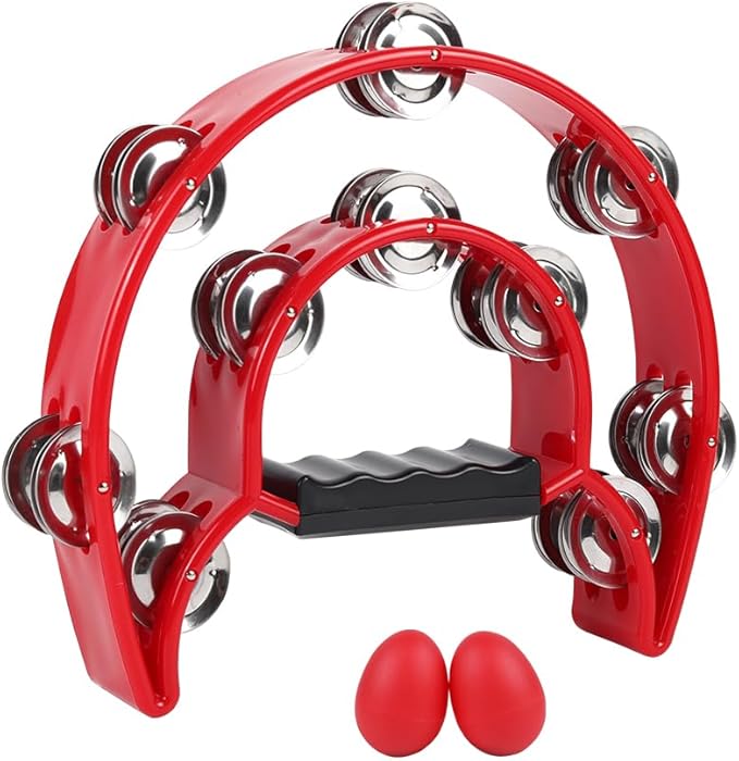 Tambourine Musical Instrument for Adults - 10 Inch Tambourines Half Moon with Egg Shakers Double Row Metal Jingles Handheld Percussion Instruments for Church Dance Party Events KTV (Red)