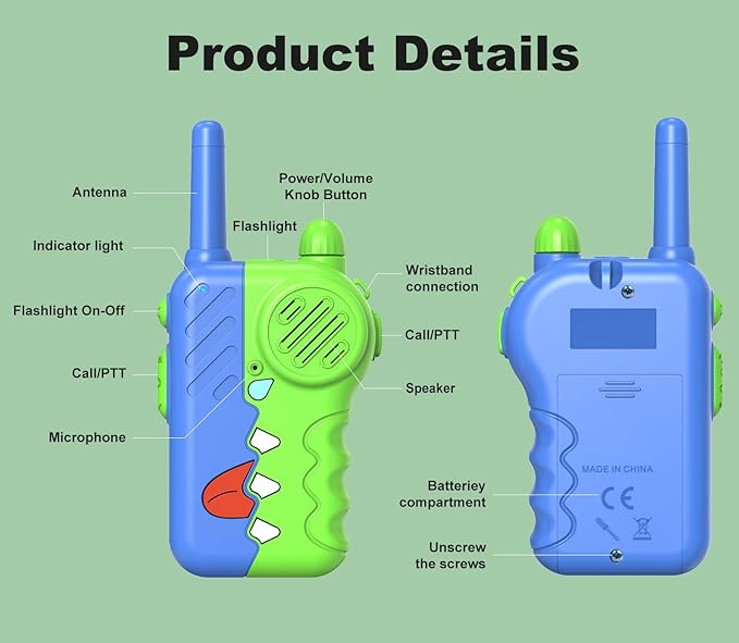 2200m Long Range Kid's Walkie Talkies 2 Pack, Boy's Walkie Talkies Toys, Indoor Outdoor Camping Fun Toys, Built-in Flashlight, Boys Birthday Gifts, Family Games (Green)
