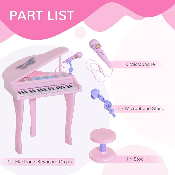Qaba 37-Key Kids Toy Keyboard Piano Musical Electronic Instrument Grand Piano with Microphone, Stool, MP3, U-Disk, Lights for 3-6 Years, Pink