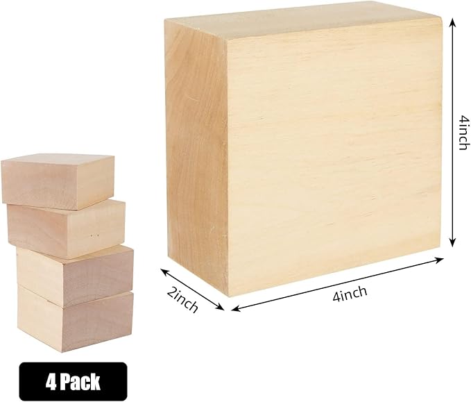 SHUESS 4 PCS Basswood Carving Blocks 4 X 4 X 2 inch Basswood for Wood Carving Whittling Wood Carvings Blocks Wooden Blocks for Carving Unfinished Wooden Block for Adults Beginners or Expert