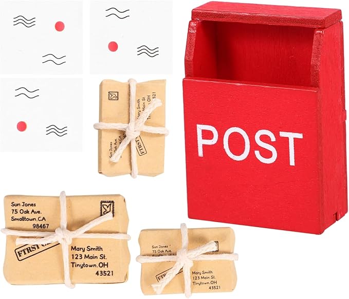 VOSAREA 1set Mailbox Figurine for Dollhouse Scale Wooden Mailbox Model with Miniature Mail Sack Postcard Ornaments for Home Decor Accessory Display