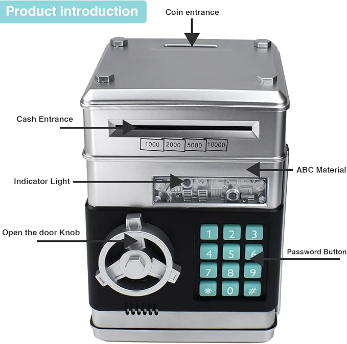 Piggy Bank for Kids, ATM Electronic Password Cash Coin Bank, Money Saving Box for Kids, Boys Girls Birthday Gift (Silver)