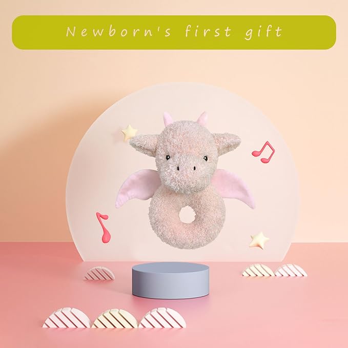 Baby Dragon Soft Rattle Toy, Plush Dinosaur Infant Shaker Rattle Easy-Grasp Stuffed Animal Toy, Gifts for Newborns Babies Toddlers Boys Girls, Pink, 6 Inches