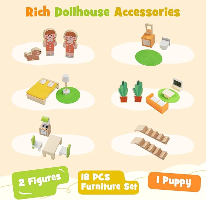 HONEY JOY Doll House, Wooden Dollhouse Playset w/7 Rooms, 21 Accessories & Miniature Furniture, Pretend Play Toys Kit, 2.46 Feet Big Doll House, Christmas Birthday Gift for Girls Boys Age 3+