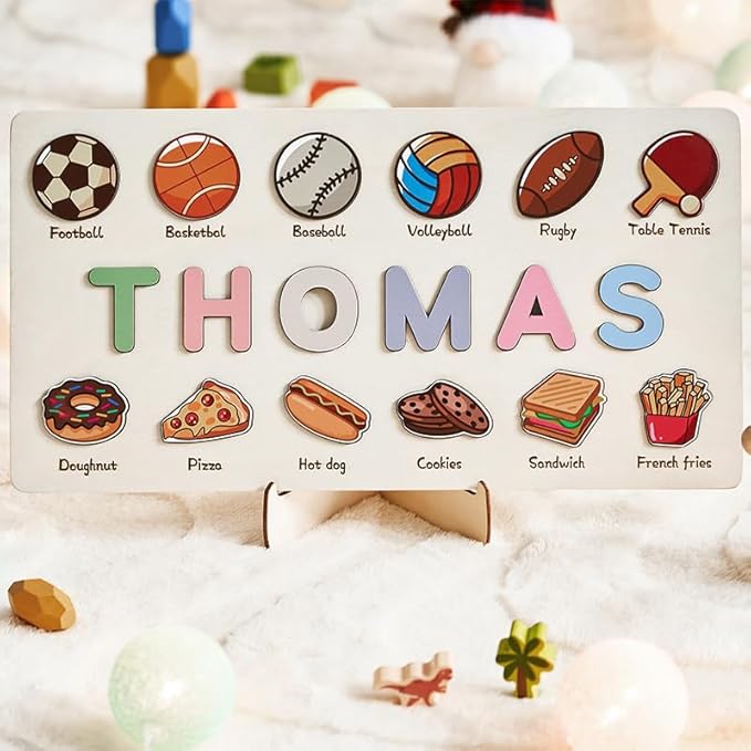 Name Puzzles for Toddlers 1-3,Wooden Puzzled,Personalized Name Puzzle for Kids,Custom Puzzle,Alphabet Number Shape and Football,Preschool Learning Educational Toys for Kids
