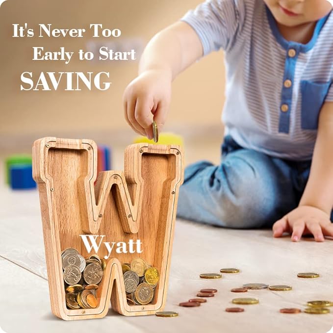 Customized Name Large Wooden Piggy Bank for Kids Boys Girls Alphabets Letter A-Z Coins Bills Money Change Bank Box Initial on Clear Cover (Laser Engraved) (Alphabet-W, Personalized-9")