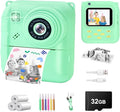 Instant Print Camera for Kids, 1080P Video Camera with 3 Print Rolls, 32GB Card & Cute Cover, Gift for Girls Boys Age 3-12, Toddler Digital Camera with Games, Filters, Music – Green