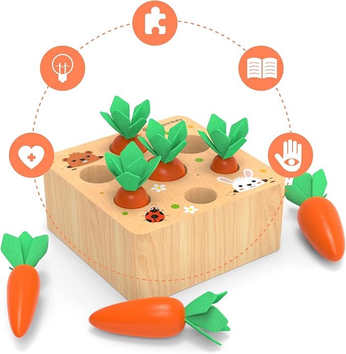 KMTJT Montessori Toys for Babies 6-12 Months, Carrot Harvest Game Wooden Toy for 1 2 3 Year Old Baby Boys and Girls, Educational Learning Shape Sorting Matching Gifts