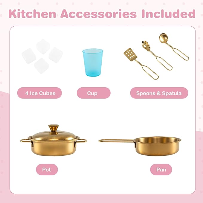 HONEY JOY Kids Kitchen Playset, Wooden Little Chef Pretend Toy Kitchen Set w/Chalkboard, Telephone, Utensils, Oven, Microwave, Sink, Storage, Play Kitchen for Toddlers Boys Girls, Pink Flower