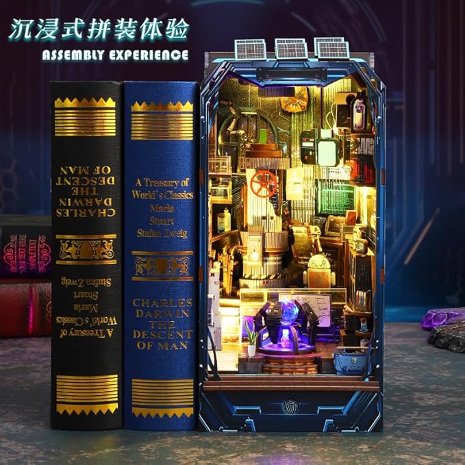 DIY Book Nook Kit - DIY Miniature Dollhouse Kit with Music Movement, Furniture and LED Lights, 3D Puzzle Wooden Art Bookends, Adult Building Model Kit (Energy Lab)
