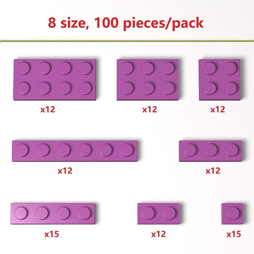 100 Pieces Classic Building Plate Assortment Pack, 8 Sizes Small Baseplates Multipacks, Compatible with Lego Parts and Pieces, Small Plate for Building(Color:Pink)