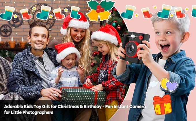 Instant Print Camera for Kids - Classic Black Digital Camera for 3-12 Year Olds, 1080P HD with 32GB SD Card, Selfie Mode & Durable Design, Ideal Christmas Birthday Gift, Portable Travel Toy