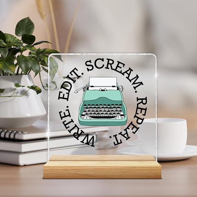 Writer Gifts for Men Women, Funny Gifts for Writers Editors Typewriter Authors Novelist, Acrylic Plaque Sign with Wooden Stand Home Office Decor