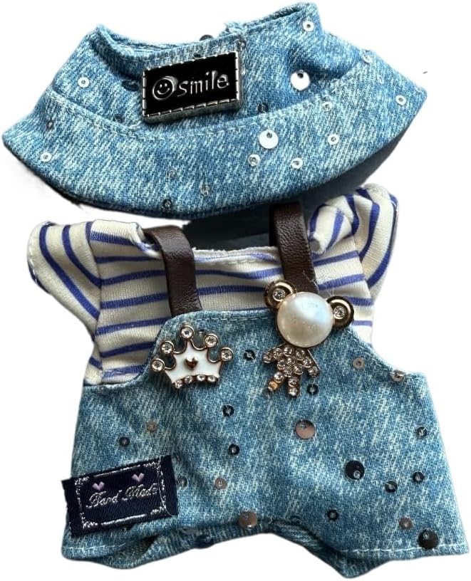 17cm Doll Clothes Set(No Doll), Hat & Overalls Set for 17cm Labubu Suit, Cute Cloth for Dress up Unique Style Dolls Outfit Stylish Clothes for Labubu (Crown Denim)