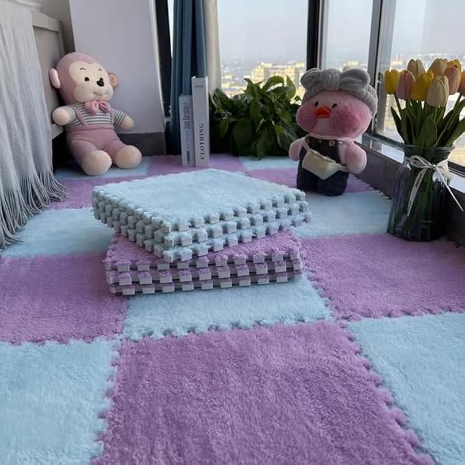 16pcs 0.6" Thickened Interlocking Tile Mats,Fluffy Shaggy Soft EVA Foam Area Rug for Living Room & Bedroom,Non-Slip Protective Floor Carpet Play Mat Kids Baby Dorm Home Decor (11.8ft, Purple)