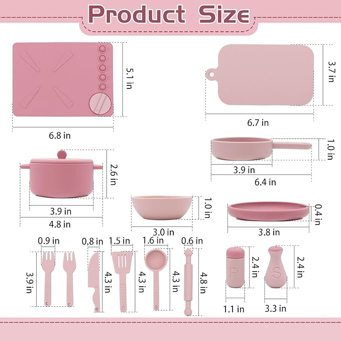 Play Kitchen Accessories, Silicone Pretend Play Kitchen Toys Set, Play Kitchen Pots and Pans Set for Kids, Learning Education Cooking Toys for Girls(Pink)