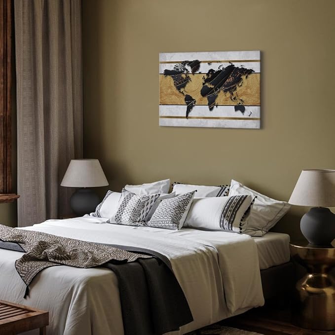 artgeist Canvas Wall Art Print World Map 24x16 in - 1pcs Home Decor Framed Stretched Picture Photo Painting Artwork Image - Map Continent Black White k-A-0515-b-a