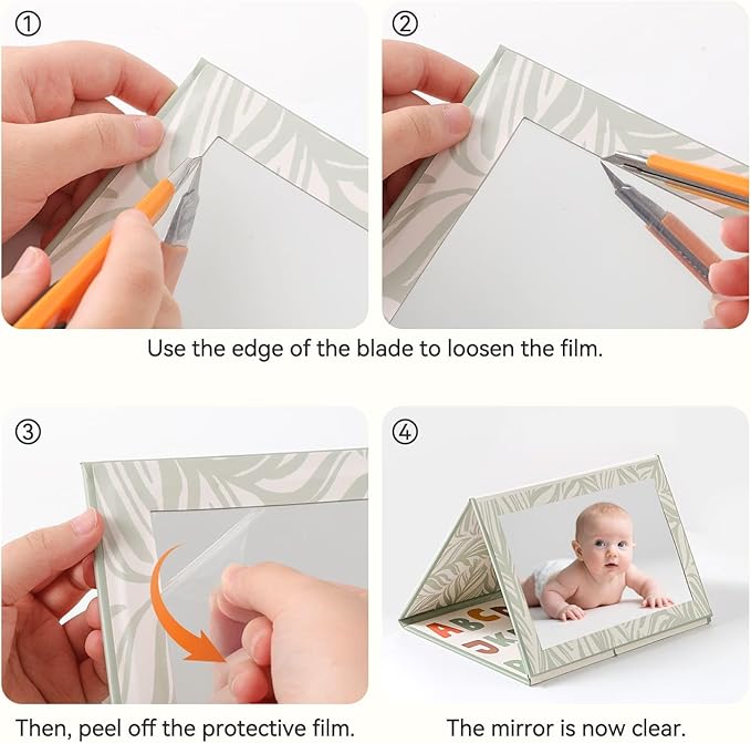 Foldable Tummy Time Play Set (Sturdy Cardboard), Large Baby Safe Mirror and Card Display Stand with 80 Pages High Contrast Cards, Alphabet and Animal Cognition