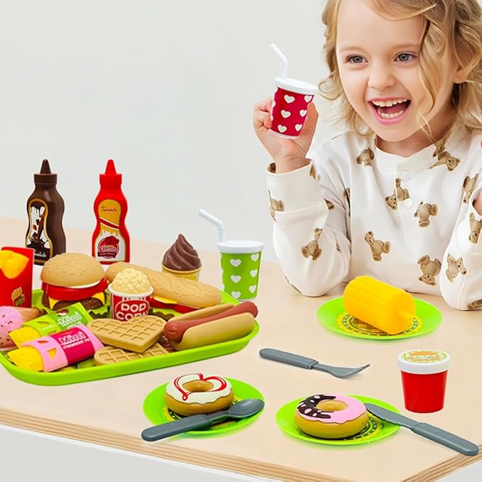 26PCS Pretend Play Kitchen Food Set - Dessert Toys with Hamburger, Hot Dog, Fries, Drink & Tray Detachable Play House Kitchen Accessories Role Play Toys Gift for Toddlers Boys Girls 3 4 5+ Years Old