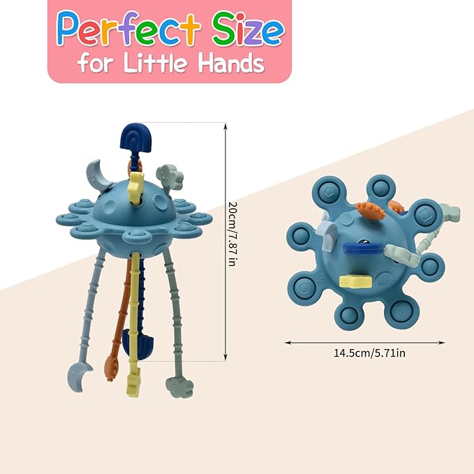 Silicone Baby Sensory Montessori Toys & Pull String Teething Toys for 6-12-18 Months, Toddler Birthday Gift Car Seat Airplane Travel for 1 2 Year Old Boy Girl Infant 8 9 10 Months Old (Blue)