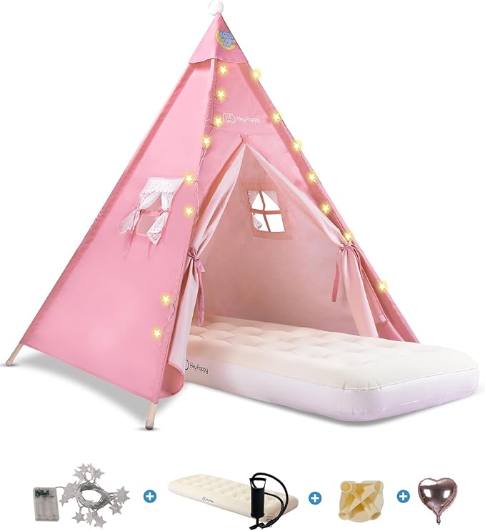 3 Pack Teepee Tent for Kids with Inflatable Airbed, Light, Toddler Tent Children Room Tents, Slumber Party Sleepover Tents, Indoor Outdoor Kids Playtent Playhouse for Girls & Boys