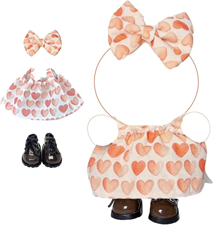 Clothes for 17cm Doll (Clothes Only) – 3-Piece Set with Pink Heart-Print Strap Dress, Bow Headband, and Shoes for a Unique Dressed-Up Look – Fashion Handmade Accessories for Doll