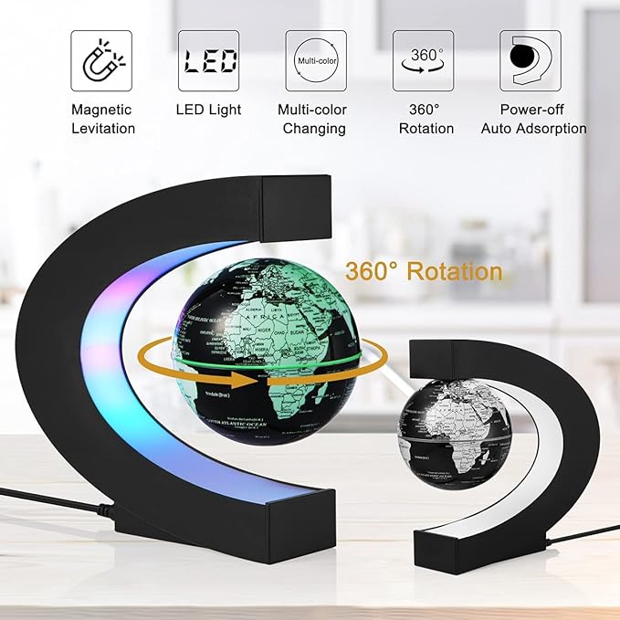 Magnetic Levitation Floating World Map Globe Multi-Color Changing Rotating Levitating Globe with LED Lights Office Home Desk Decoration Gadget for Friend Teacher Business Birthday Gift