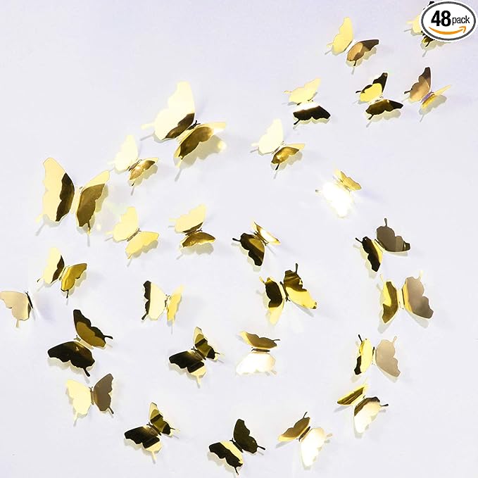 BBTO 48 Pieces Butterfly Wall Decor DIY Mirror 3D Butterfly Stickers Removable Decals for Home Bedroom School Bathroom Living Room Decor(Gold)