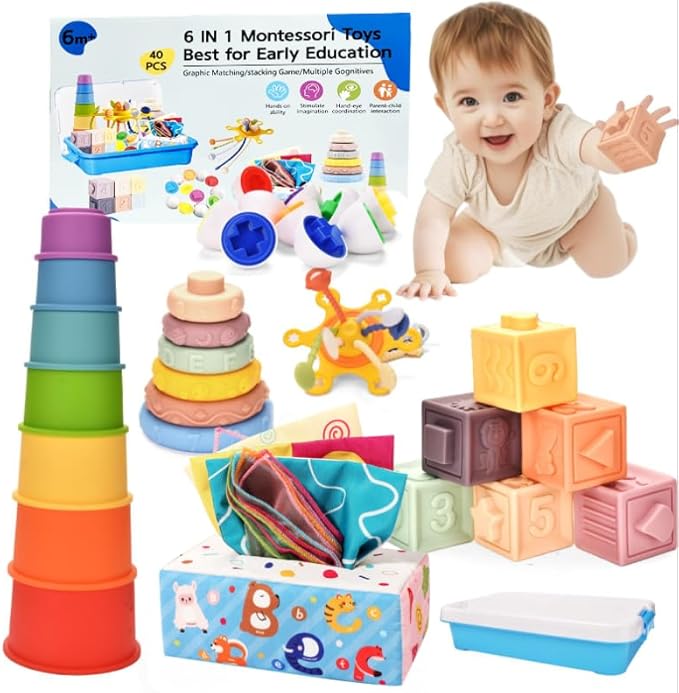Montessori Toys for Baby 6 Month Old,Baby Toys 6-9-12 Months,6 in 1 Montessori Sensory Toys for 1 Year Old,Stacking Blocks,Tissue Box Toys for Toddlers Birthday Halloween