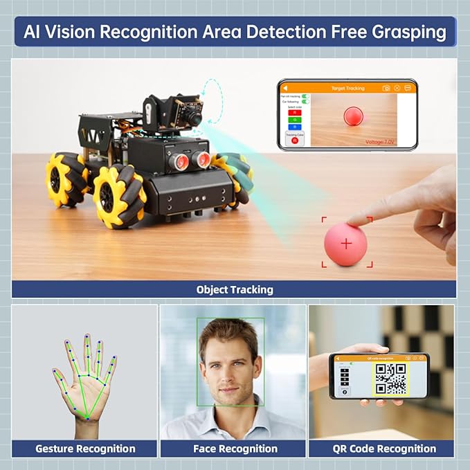 TurboPi Robot Car for Raspberry Pi AI Vision Camera Programmable Smart Robot Car Kit, Color Sorting Line Tracking Target Recognition Obstacle Avoidance, Support Python Linux, with RaspberryPi 5 4GB