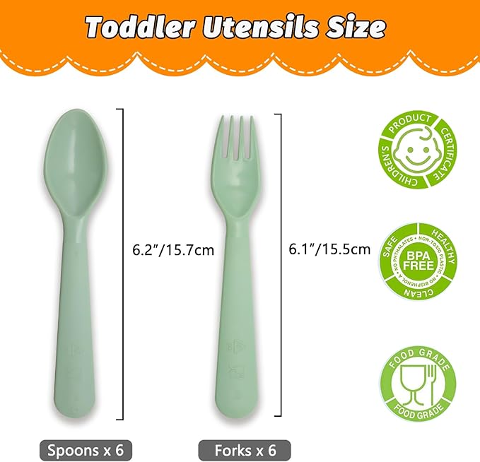 12 Pcs Kids Spoons and Forks Toddler Utensils Plastics Reusable Silverware Baby Cutlery Set Feeding Dinnerware Utensils BPA Free Microwave Dishwasher and Freezer Safe- Light Green